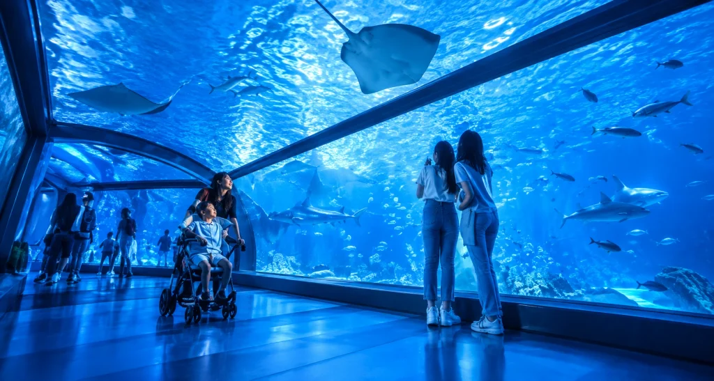 Visitors watching sharks and rays glide overhead in the glass ocean tunnel at Sea Life Sydney Aquarium