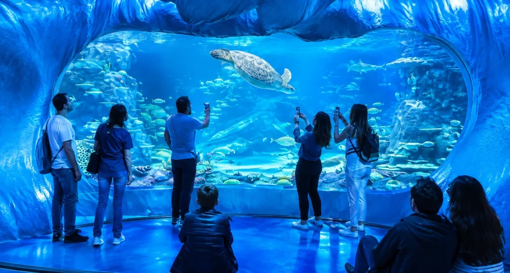 Green sea turtle gliding through the reef tunnel at Sea Life Sydney Aquarium