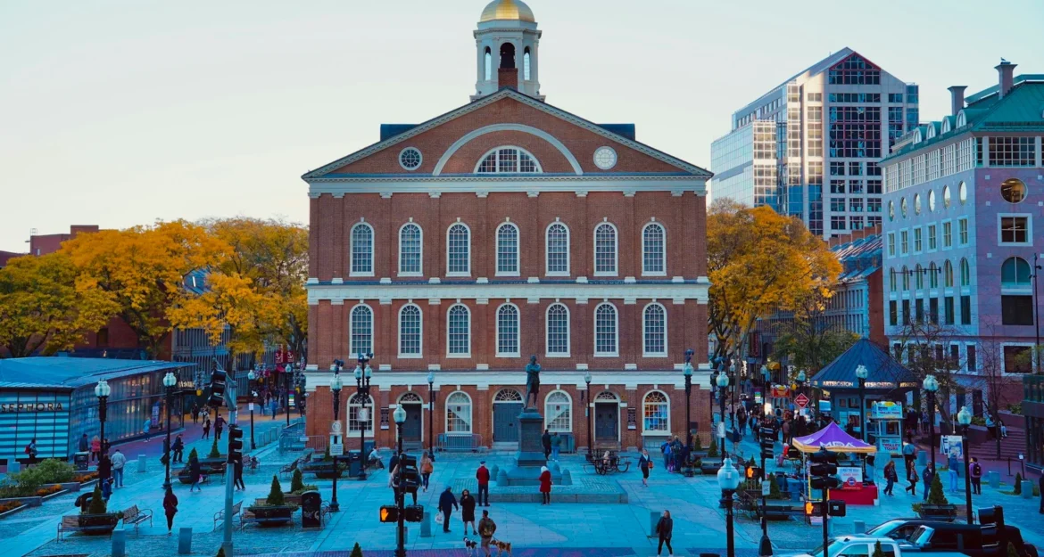 Freedom Trail Boston: Faneuil Hall and its plaza on a bright autumn day