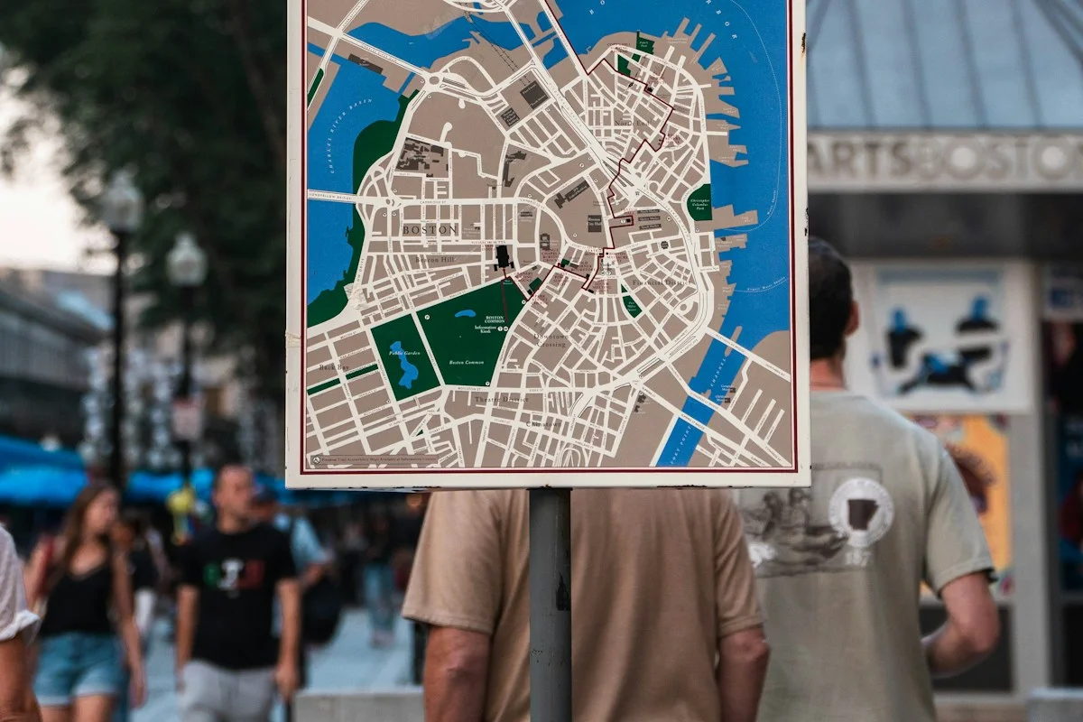 Freedom Trail map sign showing the route through downtown Boston