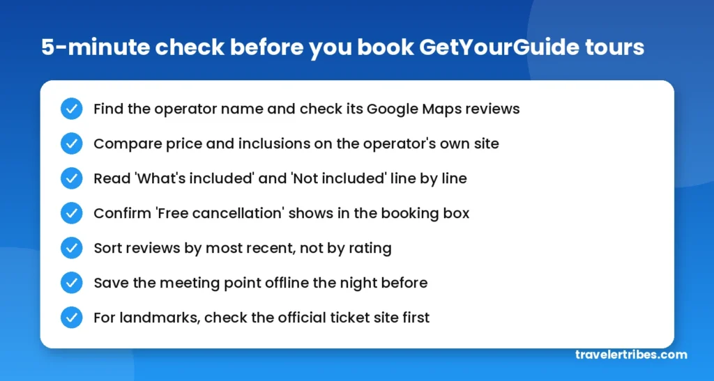 Checklist to vet GetYourGuide tours before booking