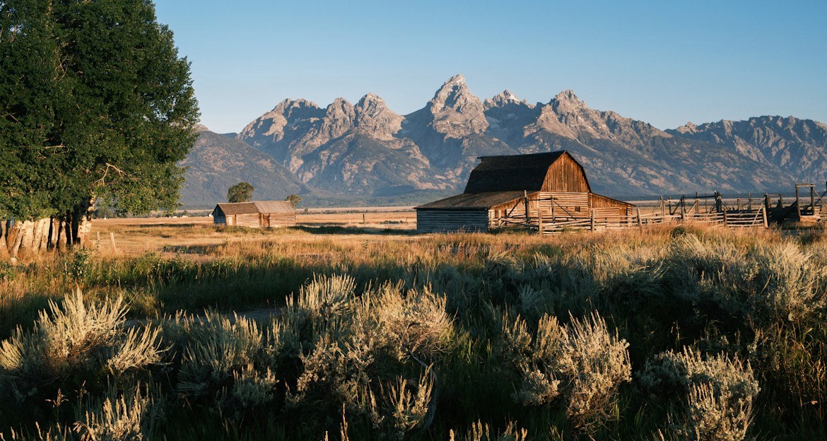 Historic wooden barn in a sagebrush meadow with the Teton Range behind it